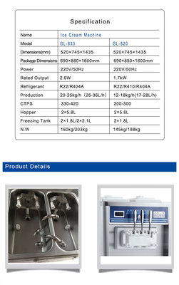 صانع الآيس كريم لخدمة ناعمة مع هوبر 2x10L RATEDOUTPUT 2.6kW R22/R404A المبرد